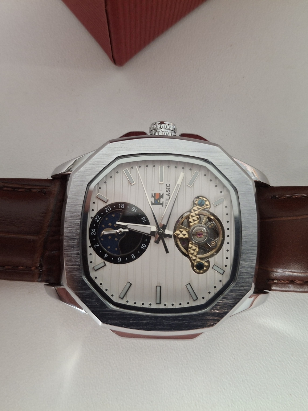 Men’s Brown Leather Strap Watch with White Dial and Open Heart